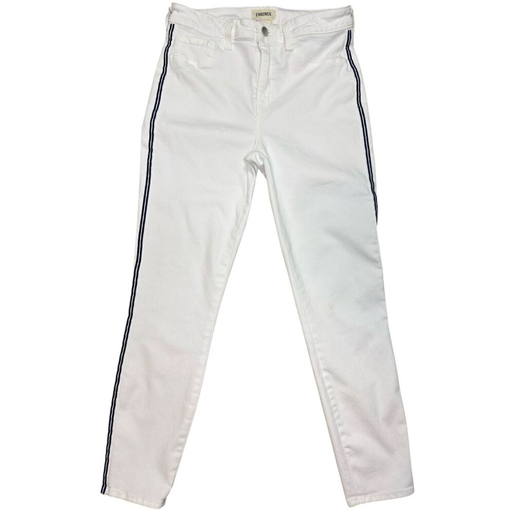 L'AGENCE Margot High-Rise Crop Skinny Jean in White with Navy Pinstripes Sz: 29